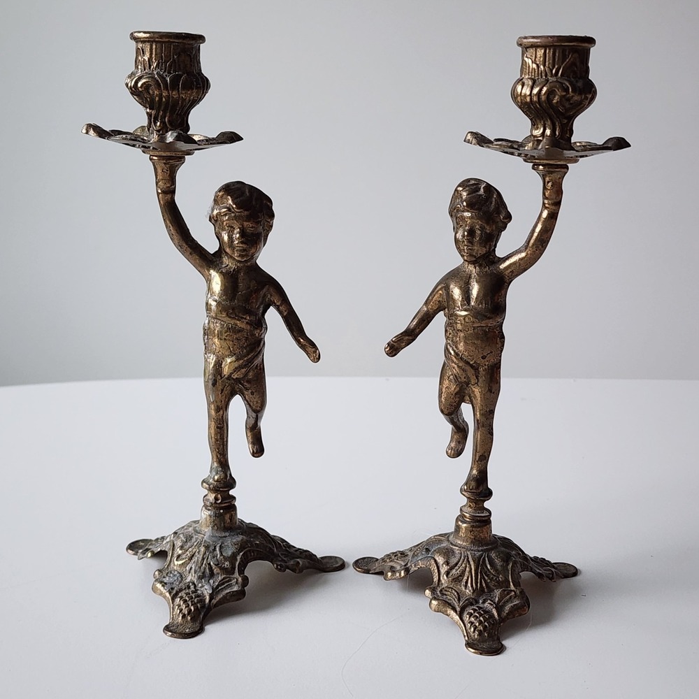 Vintage Brass Cherub Candle Stick Holders Ornate‎ Base Pair 2 Boys Italian
